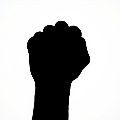 Generate a high-resolution image of a clenched fist silhouette on a white background, using a Canon EOS R5 camera, 50mm lens, aperture f/1.8, ISO 100, 1/125 sec, with a shallow depth of field and soft lighting for enhanced detail and clarity.