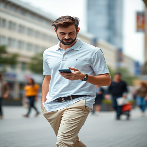 A man walking confidently in a casual white polo shirt and beige pants, looking at his phone, with a blurred urban background, captured with a Canon EOS R5, 50mm f/1.2 lens, aperture f/2.0, shutter speed 1/500s, ISO 100, natural light, street photography style.