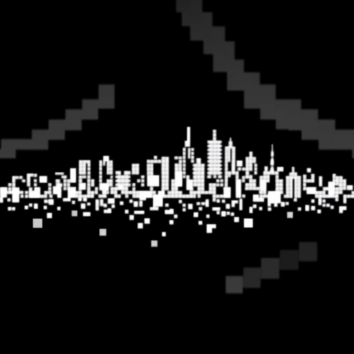 Generate an abstract digital artwork featuring a black background with white pixelated shapes resembling a city skyline, captured with a DSLR camera at ISO 100, f/2.8 aperture, 50mm lens, in a high-contrast style.
