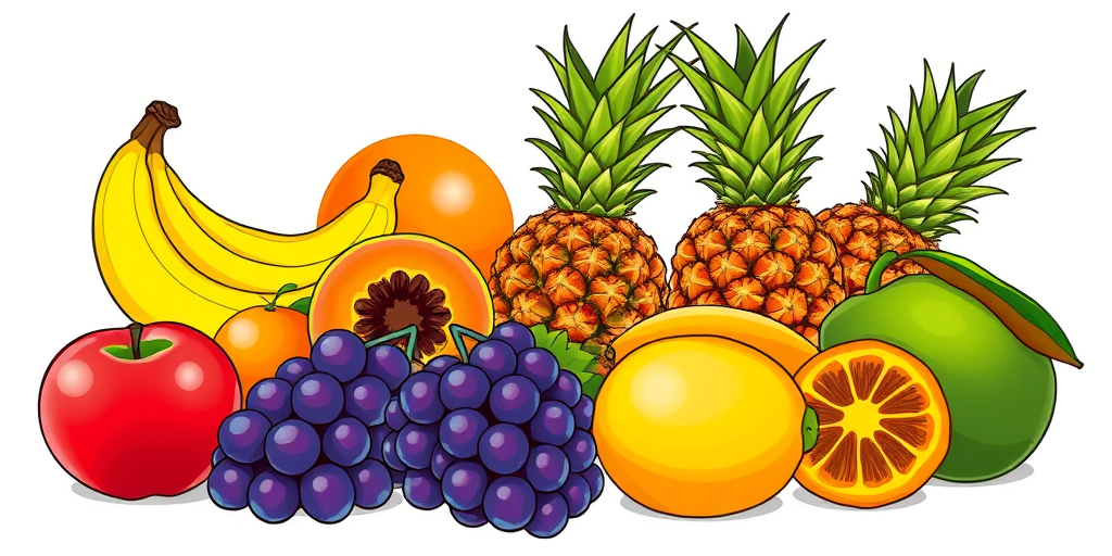 Create a vibrant illustration of assorted fruits including a banana, oranges, apple, papaya, pineapple, mango, grapes, durian, and mangosteen against a clean white background, using a digital drawing style, zoomed in for detail, with bright colors and smooth lines, in a high-resolution format.