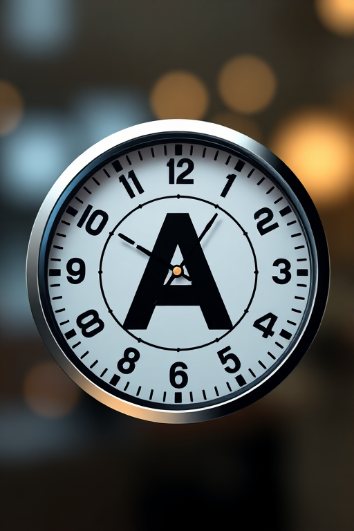 Create a high-resolution, vector-style image of a clock graphic featuring a bold letter "A" in the center, with a modern design, using a DSLR camera with a 50mm lens, f/1.8 aperture, ISO 100, and a soft focus background for emphasis on the clock elements.