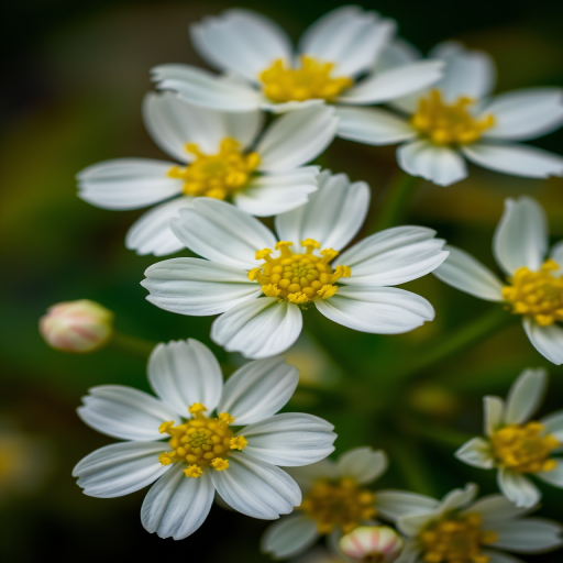 Close-up shot of white flowers with yellow centers, aperture f/2.8, ISO 200, shutter speed 1/200s, natural light, macro photography, DSLR camera.