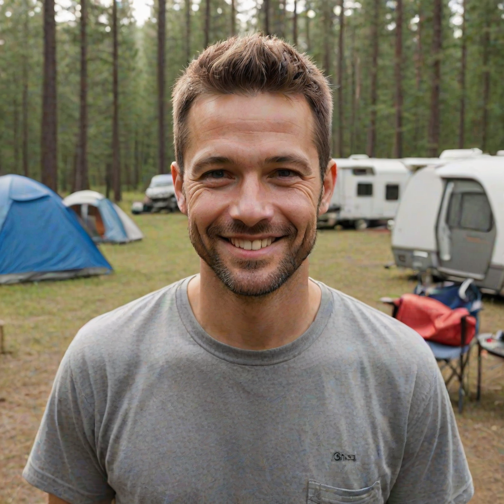 professional photograph, some guy, 35 year old man, crew cut, at a campsite, smiling at viewer, friendly<lora:Some_Generic_Rando_Dude_SDXL:1>
