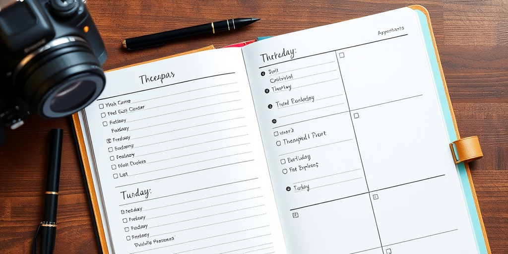 Create a highly detailed planner page layout featuring sections for daily tasks and appointments, with clean lines and organized spaces, captured using a DSLR camera at f/2.8 aperture, 50mm focal length, natural lighting, and a slight top-down view for clarity.