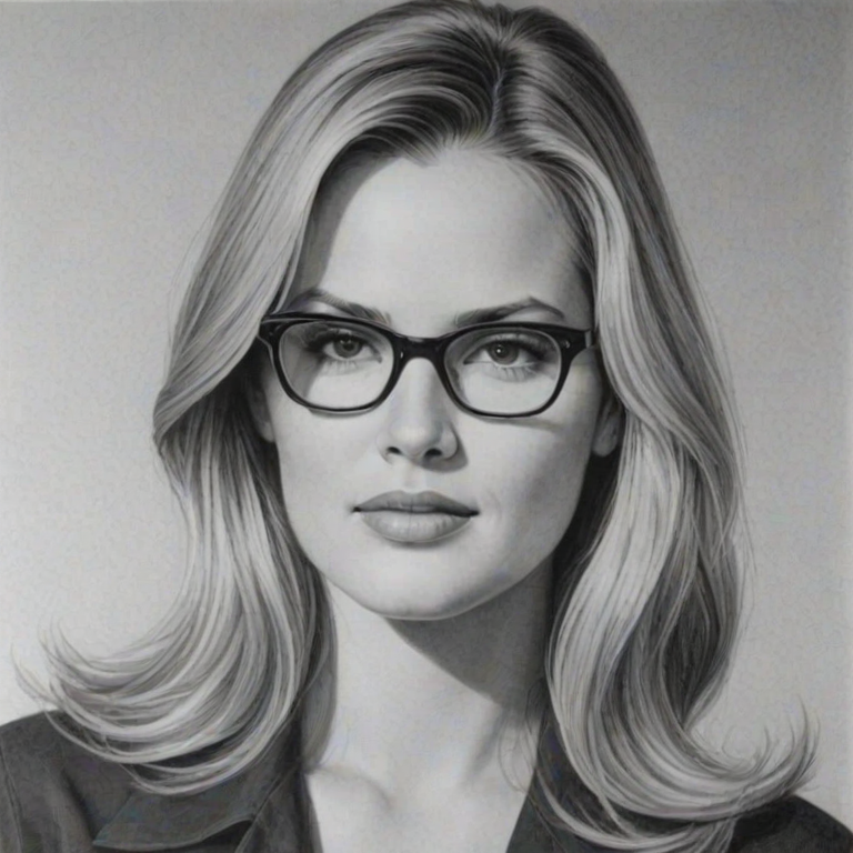 Delightful Bridgette Wilson-Sampras, pencil sketch, portrait of Enchanting woman 1953s in glasses, hair style beatnik, outline, clear lines, fine lines, 8k
