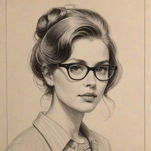 Beauteous Sophie Bush, pencil sketch, portrait of Enchanting woman 1959s in glasses, hair style beatnik, outline, clear lines, fine lines, 8k