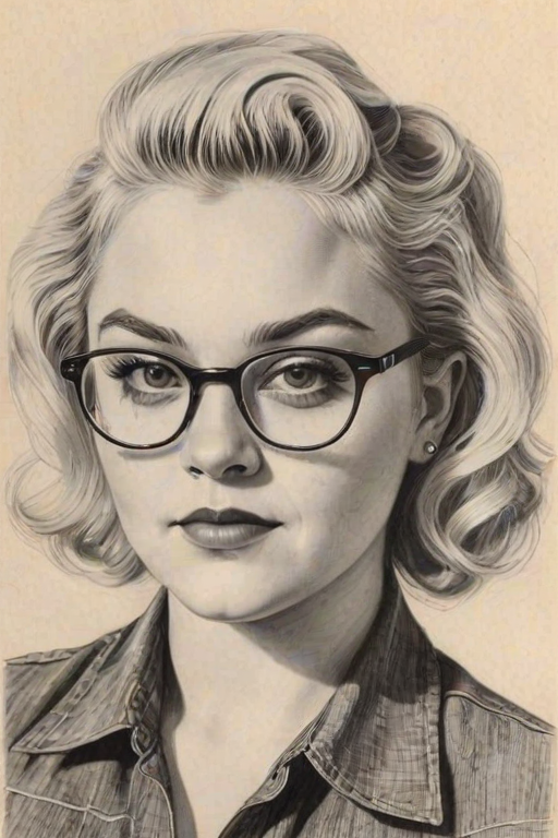 Splendid Elle King, pencil sketch, portrait of Fascinating woman 1944s in glasses, hair style beatnik, outline, clear lines, fine lines, 8k