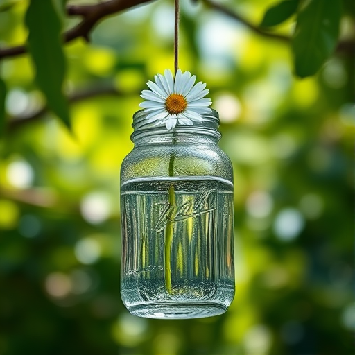 Capture a close-up of a clear glass jar filled with water, adorned with a daisy on top, hanging from a tree branch, with a soft-focus background of lush green foliage, natural lighting, DSLR camera, aperture f/2.8, shutter speed 1/250s, ISO 100, bokeh effect.