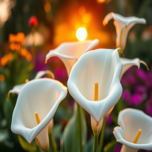 Capture a close-up of white calla lilies in a vibrant garden setting during golden hour, using a DSLR camera, aperture f/1.8 for shallow depth of field, ISO 100 for clear quality, and a slight tilt-shift effect to enhance focus on the flowers while softly blurring the background.