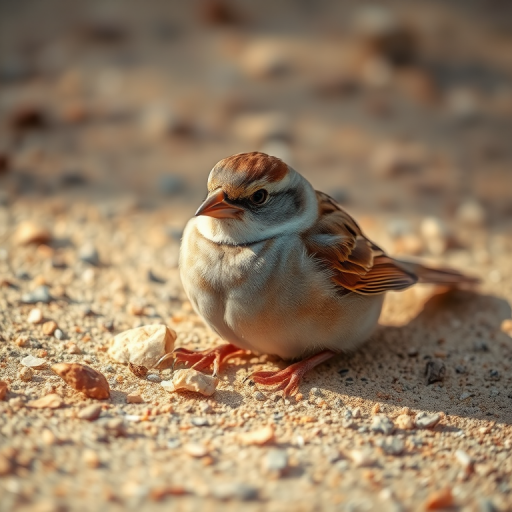 Capture a detailed close-up of a resting sparrow on the sandy ground, utilizing a 50mm lens with an aperture of f/2.8, ISO 100, 1/200s shutter speed, natural lighting, shallow depth of field, and a Nikon DSLR camera for enhanced image quality.