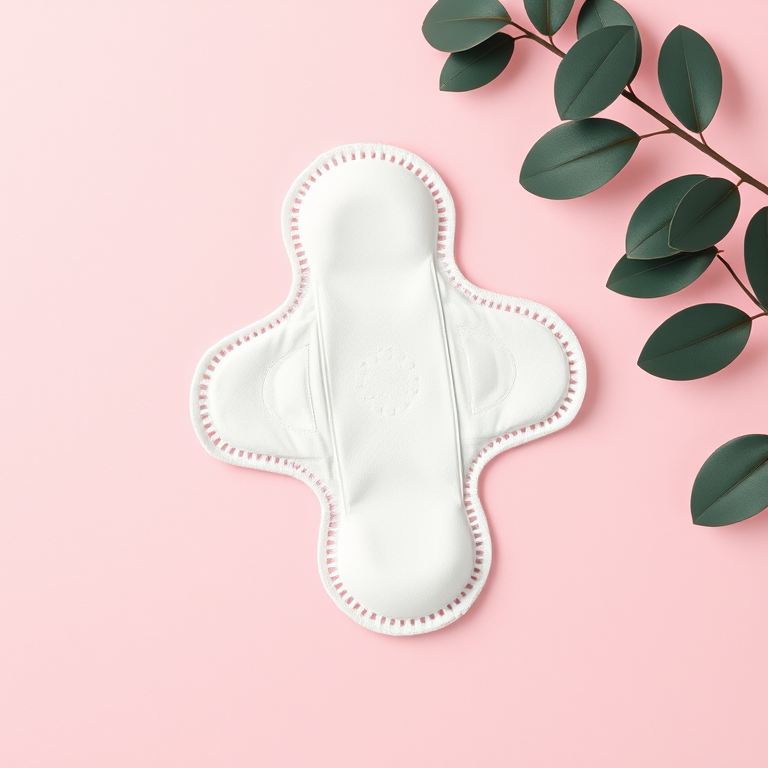 Create a top-down view of a sanitary pad on a soft pink background, using a DSLR camera with a 50mm lens, aperture set to f/2.8, ISO 100, and a slight vignette effect to enhance image quality.