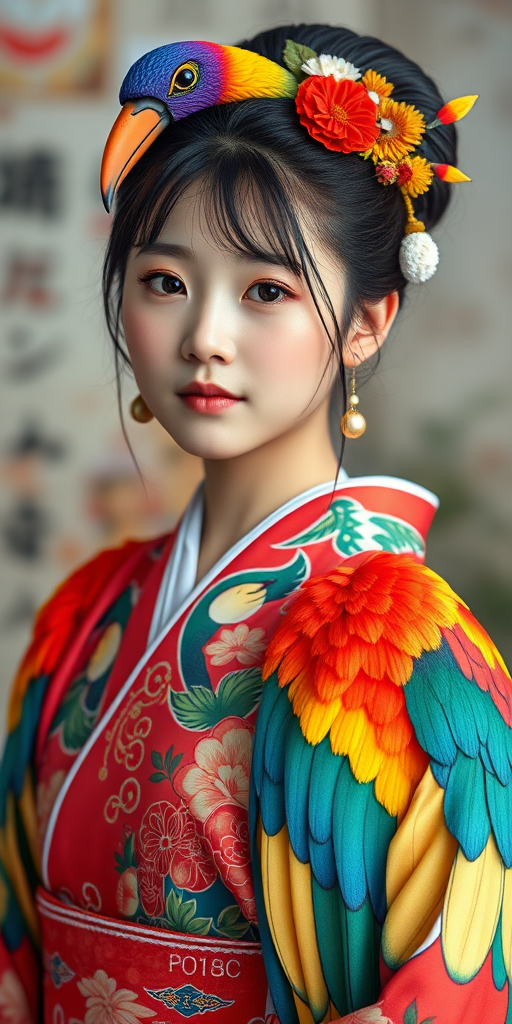 A beautiful Japanese girl, wearing colorful bird clothing with vibrant colors