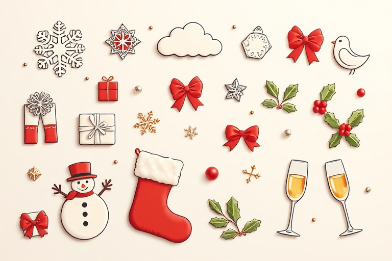 Create a high-resolution, vector-style illustration of festive icons including a snowflake, cloud, snowman, gift, bow, bird, Christmas stocking, holly, and champagne glasses, captured with a DSLR camera at f/8 aperture, ISO 100, 50mm lens, in a flat lay view with soft lighting.