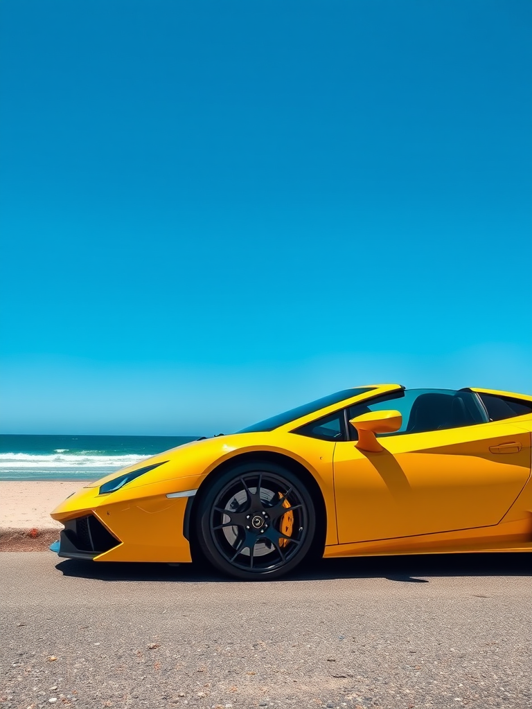 Capture a vibrant yellow sports car parked by the beach under a clear blue sky, using a Canon EOS R5, 24-70mm f/2.8 lens, aperture f/8, shutter speed 1/200s, ISO 100, with a wide-angle perspective and enhanced saturation for vivid colors.
