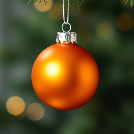 Create a high-resolution image of a smooth, shiny orange ornament with a metallic silver hanger against a soft-focus background, captured with a DSLR camera at f/2.8, 50mm lens, ISO 100, natural light.