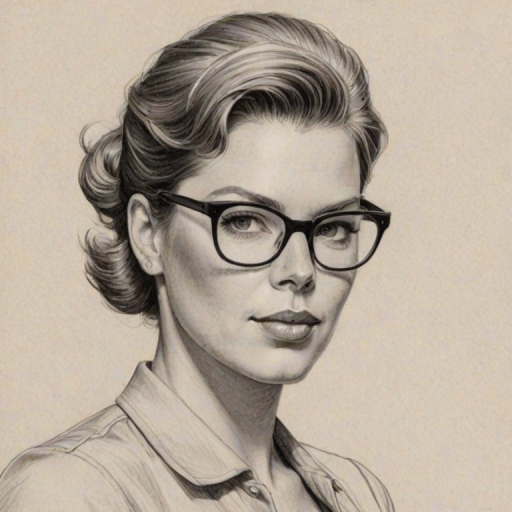 Elegant Leslie Jones, pencil sketch, portrait of Exquisite woman 1967s in glasses, hair style beatnik, outline, clear lines, fine lines, 8k