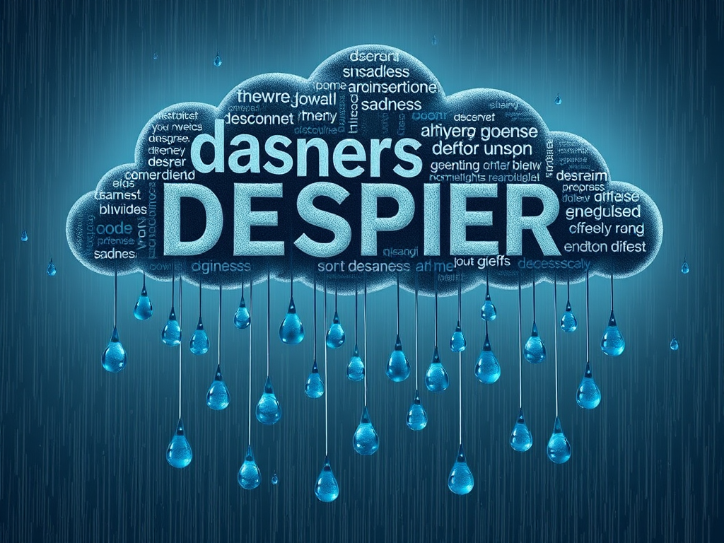 Create a high-resolution digital illustration of a cloud made of words such as despair, sadness, and grief, with large, realistic blue raindrops cascading downward, using a Canon EOS R5 with a 50mm f/1.2 lens, aperture set to f/2.8, ISO 100, and a soft, diffused lighting style to enhance image quality and depth, focusing on the contrast between the dark cloud and the bright raindrops.