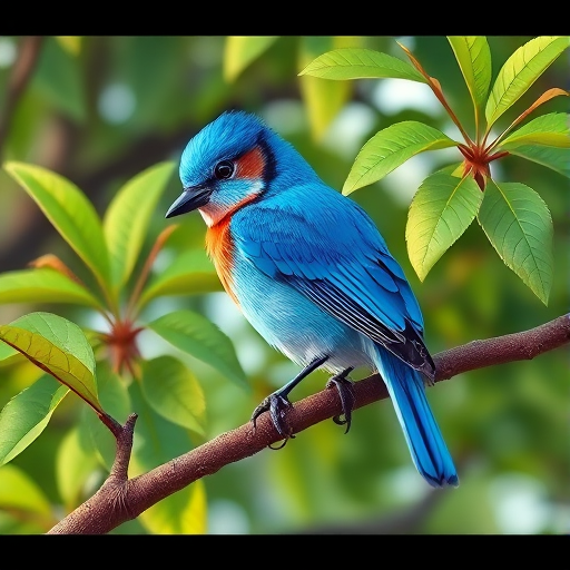 Create a vibrant cartoon-style illustration of a blue bird perched on a tree branch, with lush green leaves, showing intricate feather details and bright colors, captured in high resolution with a DSLR camera, using a 50mm lens, f/2.8 aperture, ISO 100, under natural lighting conditions.
