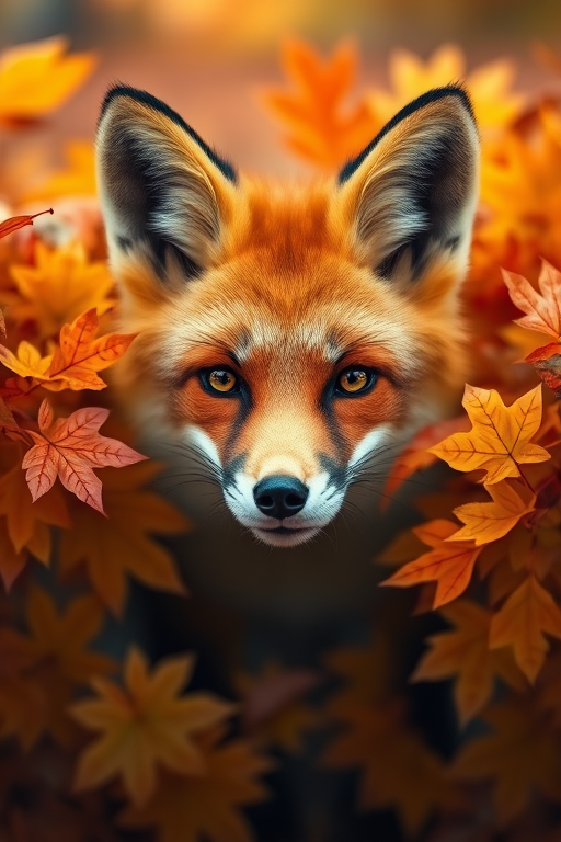 Create a high-resolution digital illustration of a red fox's head emerging from colorful autumn leaves, captured with a Canon EOS 5D Mark IV, 50mm lens, f/1.8 aperture, ISO 100, and a shallow depth of field to enhance focus on the fox while blurring the background.