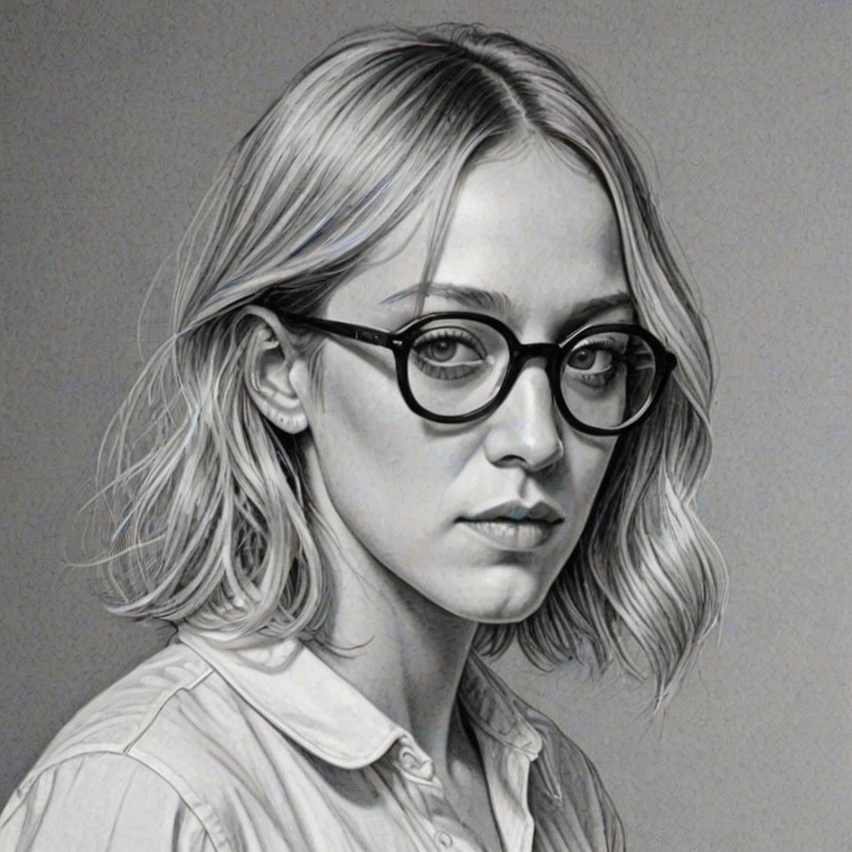 Attractive Chloe Sevigny, pencil sketch, portrait of Stunning woman 1974s in glasses, hair style beatnik, outline, clear lines, fine lines, 8k