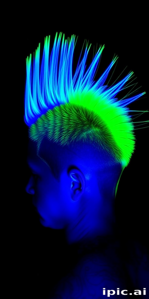 Neon green mohawk with shaved sides, designed by "Punk Peacock" stylists, featuring a tall, textured crest that gradually transitions to electric blue at the tips, accented by intricate, UV-reactive line work etched into the shaved portions, creating a bold, rebellious statement.