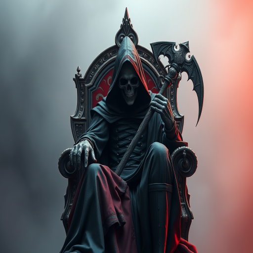 masterpiece, hdr, intricately detailed, magnificent, maximum details, extremely hyper aesthetic the grim reaper sitting on a throne, soft grey and red natural light