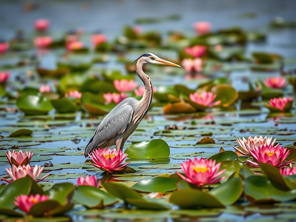 A serene scene of a heron standing gracefully among vibrant water lilies in a tranquil pond, captured in bright natural light, using a Canon EOS 5D Mark IV with an aperture of f/8, shutter speed of 1/250 sec, ISO 100, focusing on the heron while softly blurring the background, in a landscape orientation.
