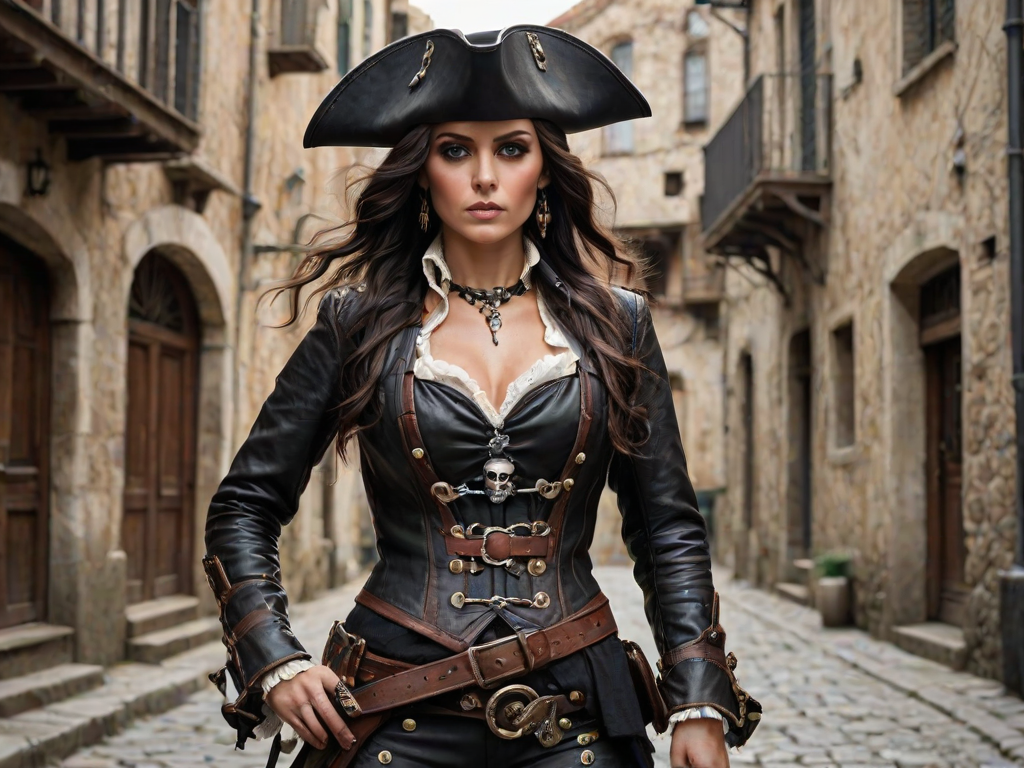 Create a portrait of a fierce female pirate. She wears a leather tricorn hat adorned with a skull and crossbones emblem, and her long, dark hair flows around her face. Her outfit consists of a richly detailed leather jacket, a corset, and multiple layers of belts and accessories, giving her a formidable and stylish appearance. She stands confidently in a dimly lit, historic port town, with a backdrop of weathered buildings and cobblestone streets, capturing the adventurous spirit of a pirate.