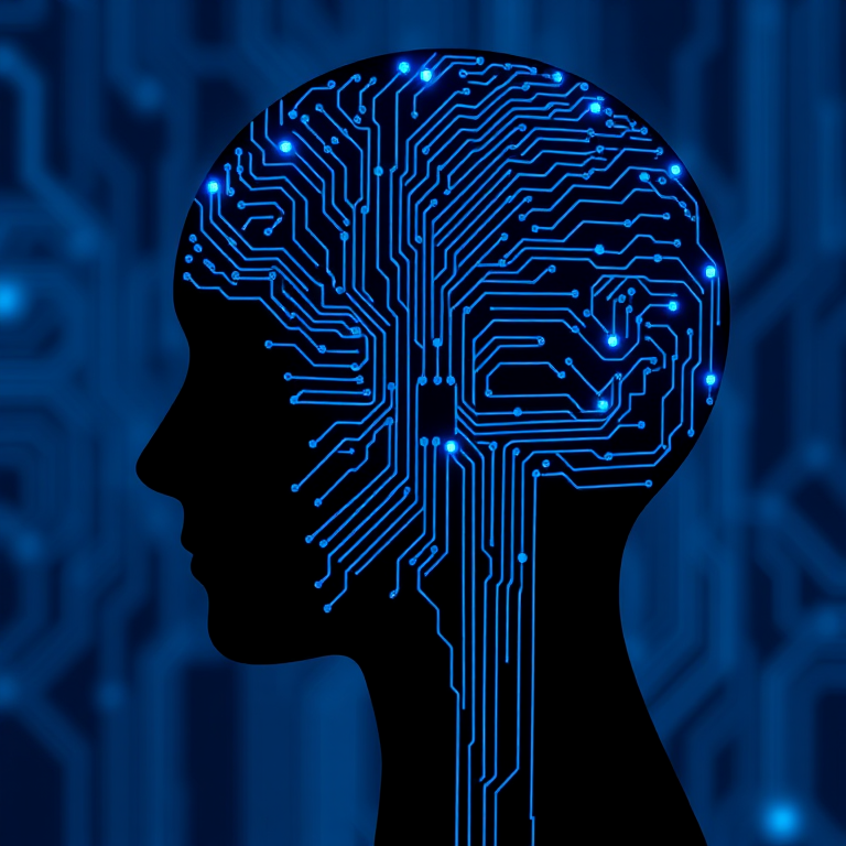 Generate a high-resolution digital artwork depicting a stylized human head silhouette filled with intricate circuit patterns, representing artificial intelligence, with glowing blue accents, shot with a Canon EOS R5 at f/2.8, ISO 100, and a shutter speed of 1/60s, in a macro view with a vivid color palette using a clean, modern aesthetic.