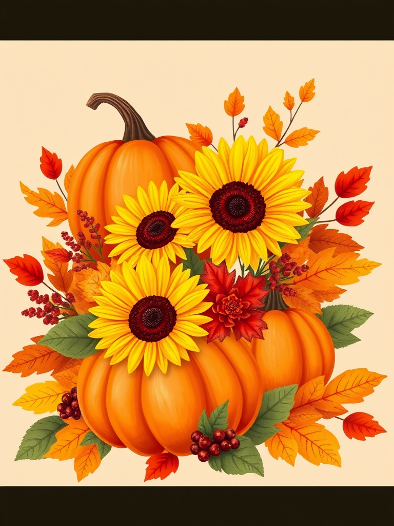 Create an illustration of a vibrant fall arrangement featuring bright orange pumpkins, large yellow sunflowers, and colorful autumn leaves in shades of red and orange. Include clusters of berries and green leaves, all set against a soft beige background to enhance the warm, seasonal feel.