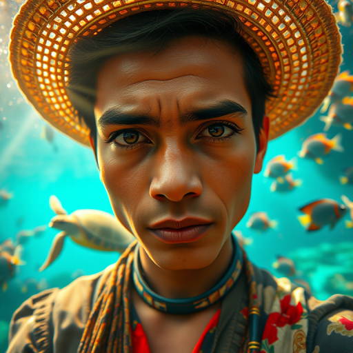 Realistic selfie image of a Nepali, wearing a vintage outfit, detailed dreamy eyes, droopy hooded eyes, staring at the camera, taken underwater at coral reef with a sunbeam filtering through the water, vibrant, summer vacation, natural lighting, turtle and school of tropical fish with vibrant colors, rendered in the style of CryEngine, Pegi Nicol MacLeod, with realistic genre scenes, hauntingly beautiful narratives, ultra-realism, and Thomas Saliot's close-up technique, 8K resolution, crystal clear and sparkling water.