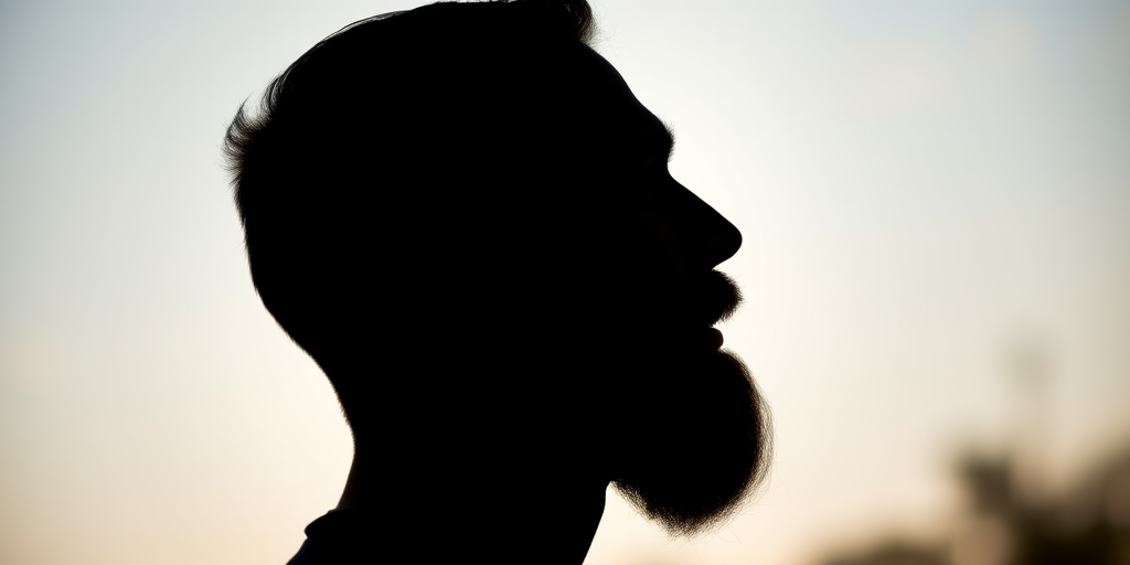 Create a detailed silhouette of a bearded man in profile with a soft focus background using a DSLR camera with a 50mm lens, aperture set to f/1.8, ISO 100, and natural lighting for enhanced clarity and depth.