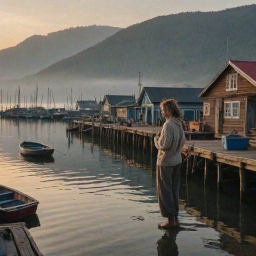 Quiet fishing village at dawn, wooden boats tied up at the dock, a woman in a knit sweater walks along the pier, her hands in her pockets as she watches the fishermen prepare for the day.