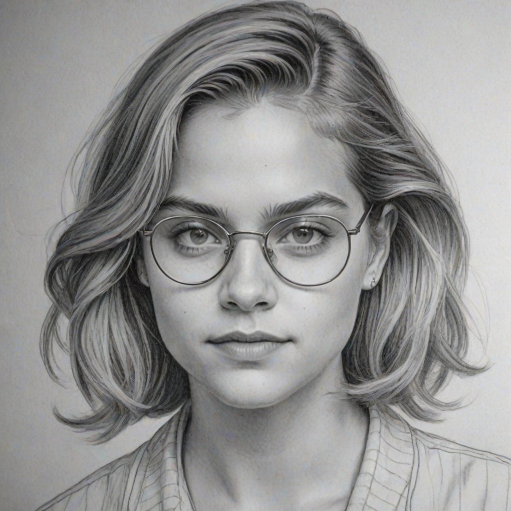Enchanting Dylan Sprouse, pencil sketch, portrait of Bewitching woman 1934s in glasses, hair style beatnik, outline, clear lines, fine lines, 8k