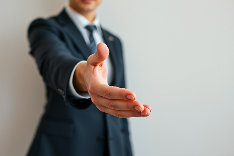 Create an image of a business professional extending a hand for a handshake against a neutral background, using a 50mm lens at f/1.8 aperture, ISO 100, with a shallow depth of field for a blurred background and soft lighting, captured with a DSLR camera.