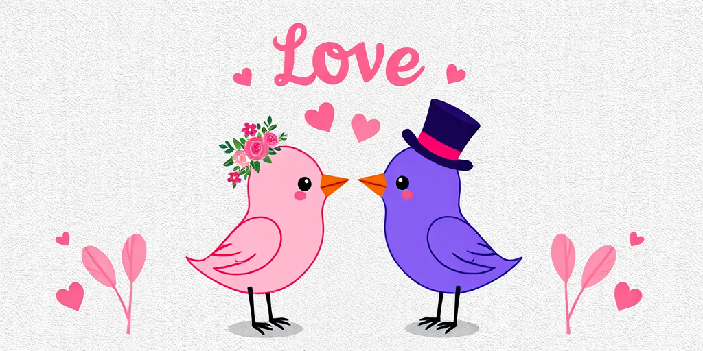 Generate a high-resolution image of two cartoon birds, one pink with a floral crown and one purple wearing a top hat, both facing each other with hearts above them, the word "Love" in a decorative font at the top, on a textured gray background with pink accents, shot with a Canon EOS R5, 50mm lens, f/1.8 aperture, ISO 100, natural lighting.