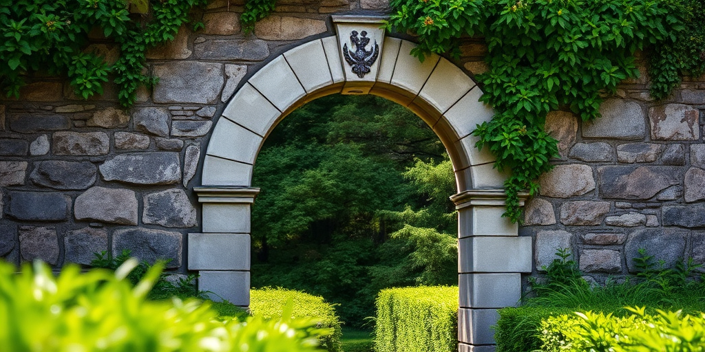 Create an image of a weathered stone archway surrounded by lush greenery, taken with a DSLR camera, f/8 aperture, ISO 100, 50mm lens, natural light, shallow depth of field, and a slightly low angle view.