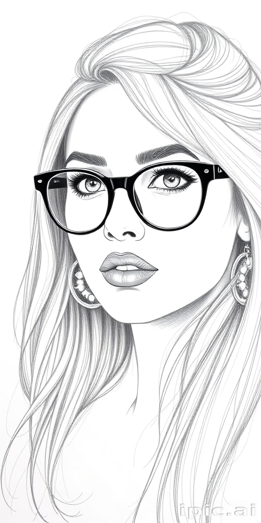 hot mia khalifa, pencil sketch, portrait of beautiful woman 60s in glasses, hair style beatnik, outline, clear lines, fine lines, 8k