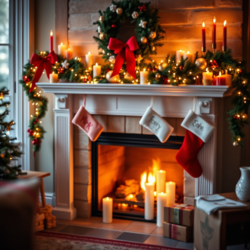 Create a warm and inviting Christmas scene featuring a decorated fireplace with stockings, a wreath, and candles, captured with a DSLR camera using a 50mm lens at f/2.8, ISO 100, and a soft focus to enhance the cozy atmosphere.