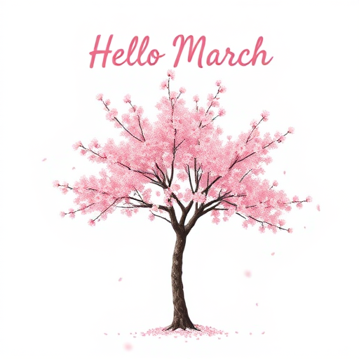 Create an illustration of a pink cherry blossom tree in a minimalist style on a white background with the text "Hello March" above it, using a Canon EOS R5 with a 50mm lens at f/1.8, 1/200 sec, ISO 100, shot from a low angle to enhance the foreground detail and depth.