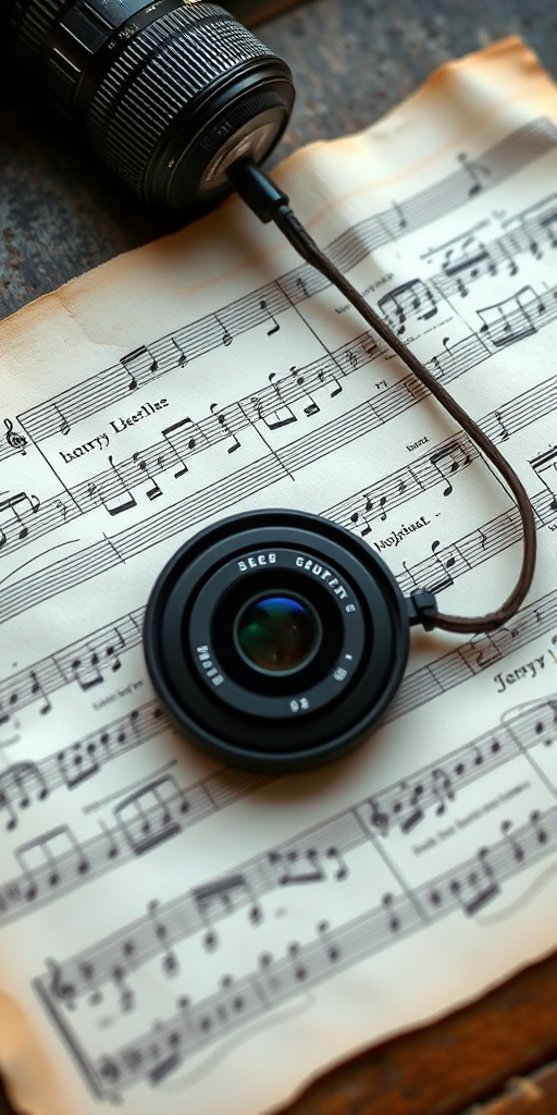 Generate a high-resolution image of vintage sheet music on aged paper with soft focus, using a DSLR camera with a 50mm lens, aperture f/2.8, ISO 100, shot from a top-down view with natural lighting.