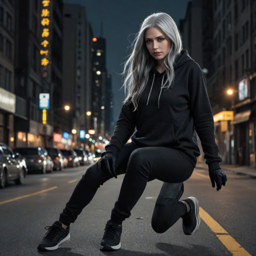 (long straight gray hair:1.2), (bright gray eyes:1.2), (Supergirl:1.2), (black hoodie:1.2), (hood up:1.2), (black half fingers gloves:1.2), (black tight pants:1.2), (black sneakers:1.2), 8k, professional photography, mesmerizing photo, intricate details, hyper realistic, (close shot:1.2), (city at night:1.5), (empty street:1.5), bleak tone, grim tone