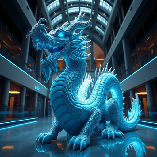 Create a high-resolution 3D render of a futuristic dragon statue with intricate detailing, illuminated with neon blue accents, in a modern architectural space, shot with a Canon EOS R5, 50mm lens, f/1.8 aperture, ISO 100, and a low angle perspective for dramatic effect.