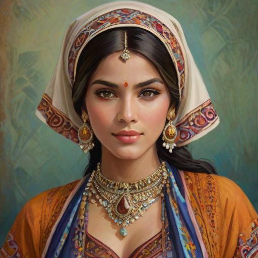 Create a portrait of a beautiful woman with striking hazel eyes and a gentle expression. She is adorned in traditional attire with intricate patterns, including a richly embroidered headscarf and matching garments. Her jewelry includes a delicate headpiece, dangling earrings, and ornate bracelets, all featuring vibrant gemstones and detailed metalwork. The background is soft and warm, enhancing the rich colors of her outfit and jewelry.