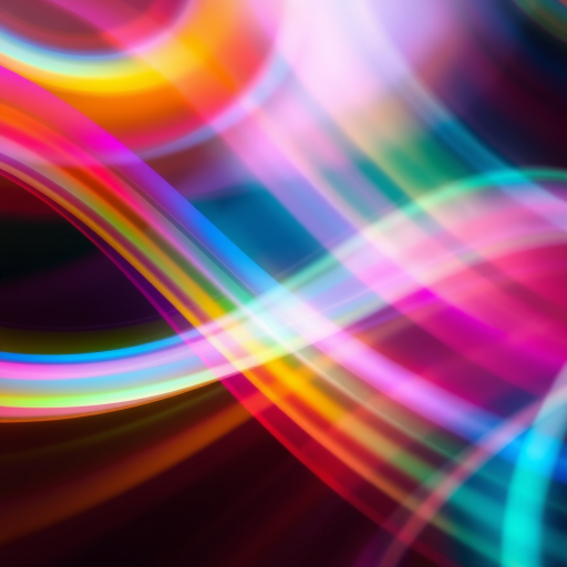 Generate a vibrant abstract image featuring a spectrum of colors blending and flowing in diagonal lines, capturing a sense of depth and movement with a DSLR camera at 50mm, aperture f/2.8, ISO 100, in landscape orientation using a high dynamic range style.