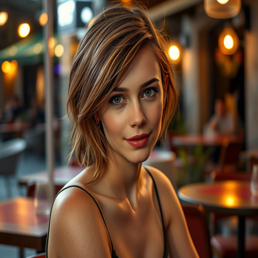 photo of young woman, [Ana de Armas:Emma Watson:0.5], highlight hair, sitting outside restaurant, wearing dress, rim lighting, studio lighting, looking at the camera, dslr, ultra quality, sharp focus, tack sharp, dof, film grain, Fujifilm XT3, crystal clear, 8K UHD, highly detailed glossy eyes, high detailed skin, skin pores