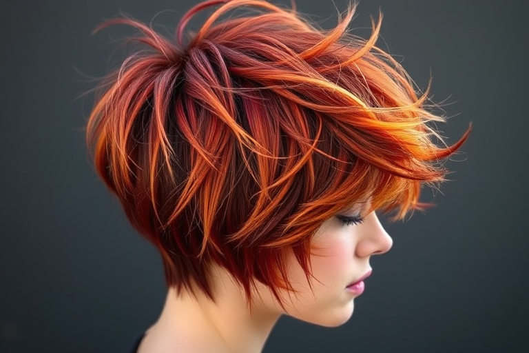 Vibrant Sunset Pixie Cut featuring fiery copper hues blending into deep burgundy tips, textured layers creating a wispy and ethereal appearance, perfect for adventurous spirits seeking a bold transformation