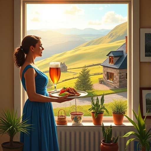 In "A Glass of Beer on the Highland," a serene scene is depicted in a sunlit room where a woman in a vibrant blue dress stands by a large window. She holds a tray with a hearty meal and a frothy glass of beer, embodying a moment of relaxation. Outside, the breathtaking highland landscape features rolling green hills and a charming traditional house, all bathed in warm afternoon light. The interior is adorned with potted plants, creating a harmonious blend of comfort and nature. The painting beautifully captures the tranquility and joy found in simple pleasures amidst stunning scenery