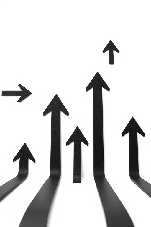 Create a high-resolution image of a series of stylized black arrows pointing upwards, shot with a Canon EOS R5, 50mm lens, f/1.8 aperture, ISO 100, natural light, with a clean white background for contrast.