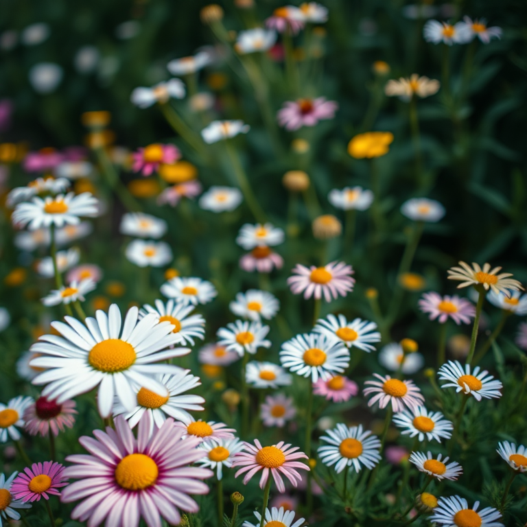 Regenerate a vibrant garden scene filled with assorted daisies and greenery, captured with a Canon EOS R5, 50mm f/1.8 lens, f/2.8 aperture, ISO 100, 1/200 sec shutter speed, with a shallow depth of field and soft bokeh in the background.